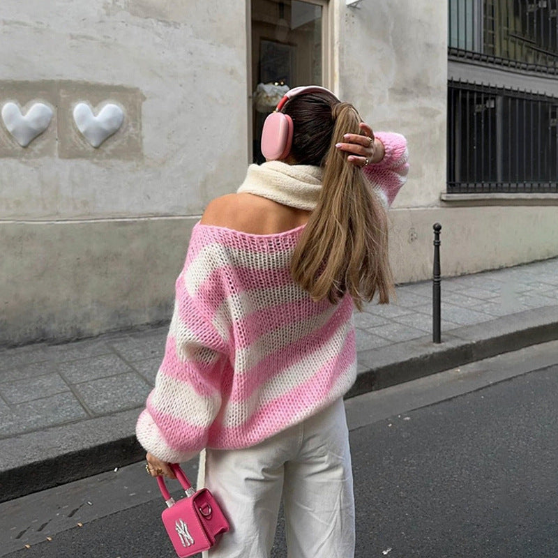 Striped Patterned Loose Fit Women's Pullover Sweater - 5 - London-stylehouse.com