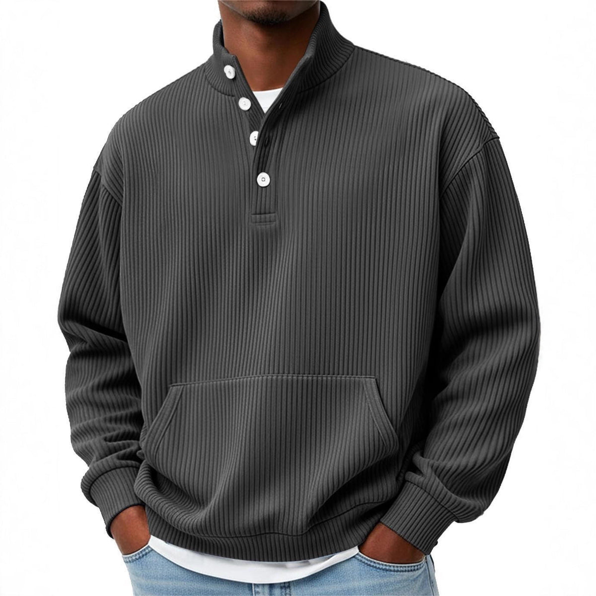 Men's Relaxed Fit Long Sleeve Sweatshirt with Polo Collar and Button Detail - 2 - London-stylehouse.com