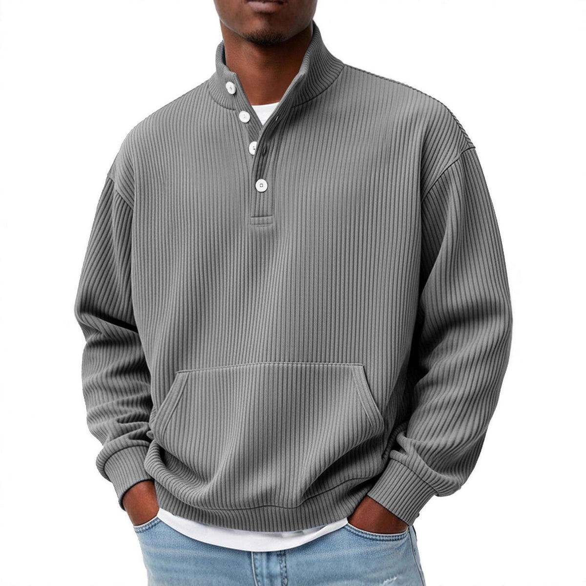 Men's Relaxed Fit Long Sleeve Sweatshirt with Polo Collar and Button Detail - 4 - London-stylehouse.com