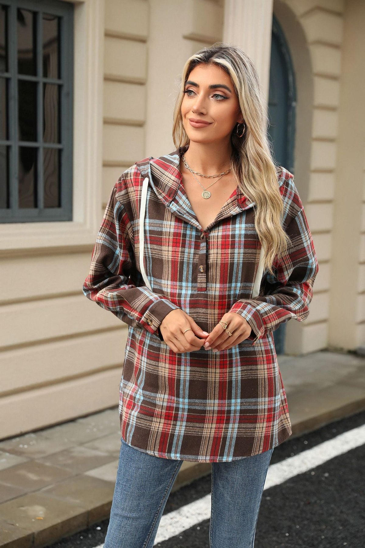 Button Placket Women's Hoodie in Relaxed Style - 1 - London-stylehouse.com