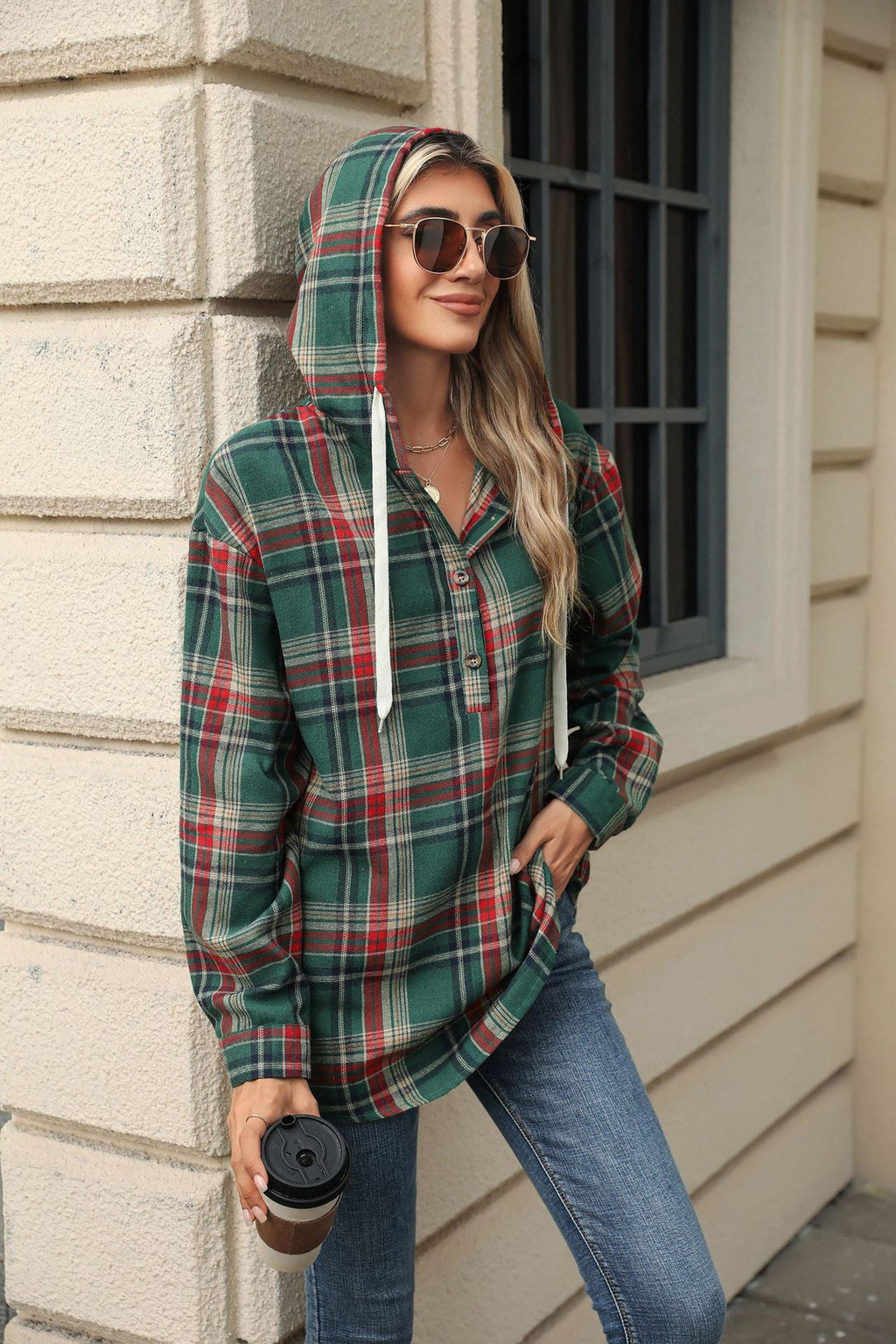 Button Placket Women's Hoodie in Relaxed Style - 4 - London-stylehouse.com