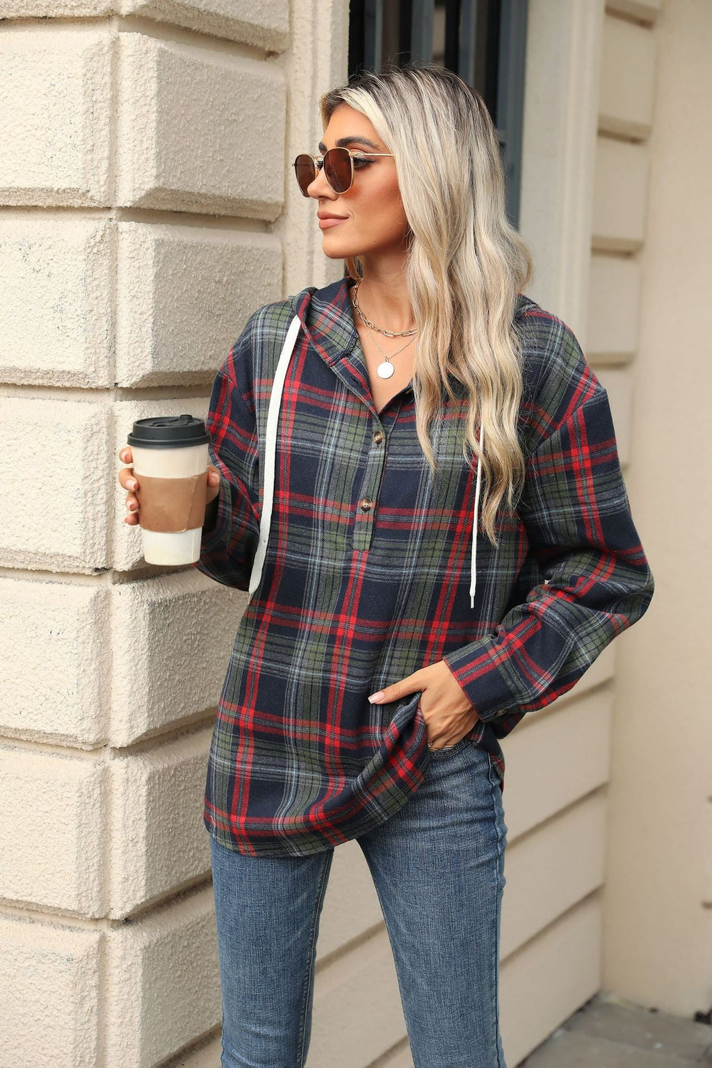 Button Placket Women's Hoodie in Relaxed Style - 5 - London-stylehouse.com