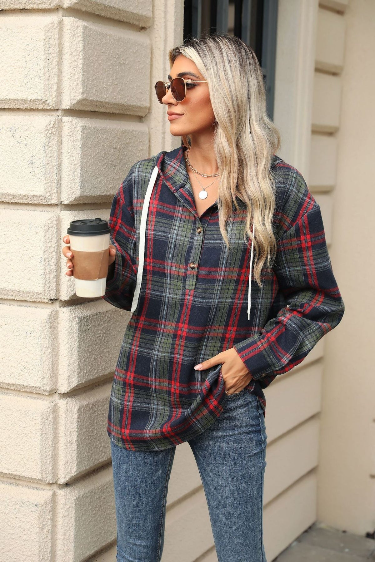 Button Placket Women's Hoodie in Relaxed Style - 5 - London-stylehouse.com