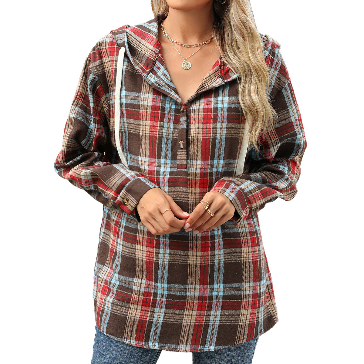 Button Placket Women's Hoodie in Relaxed Style - 6 - London-stylehouse.com