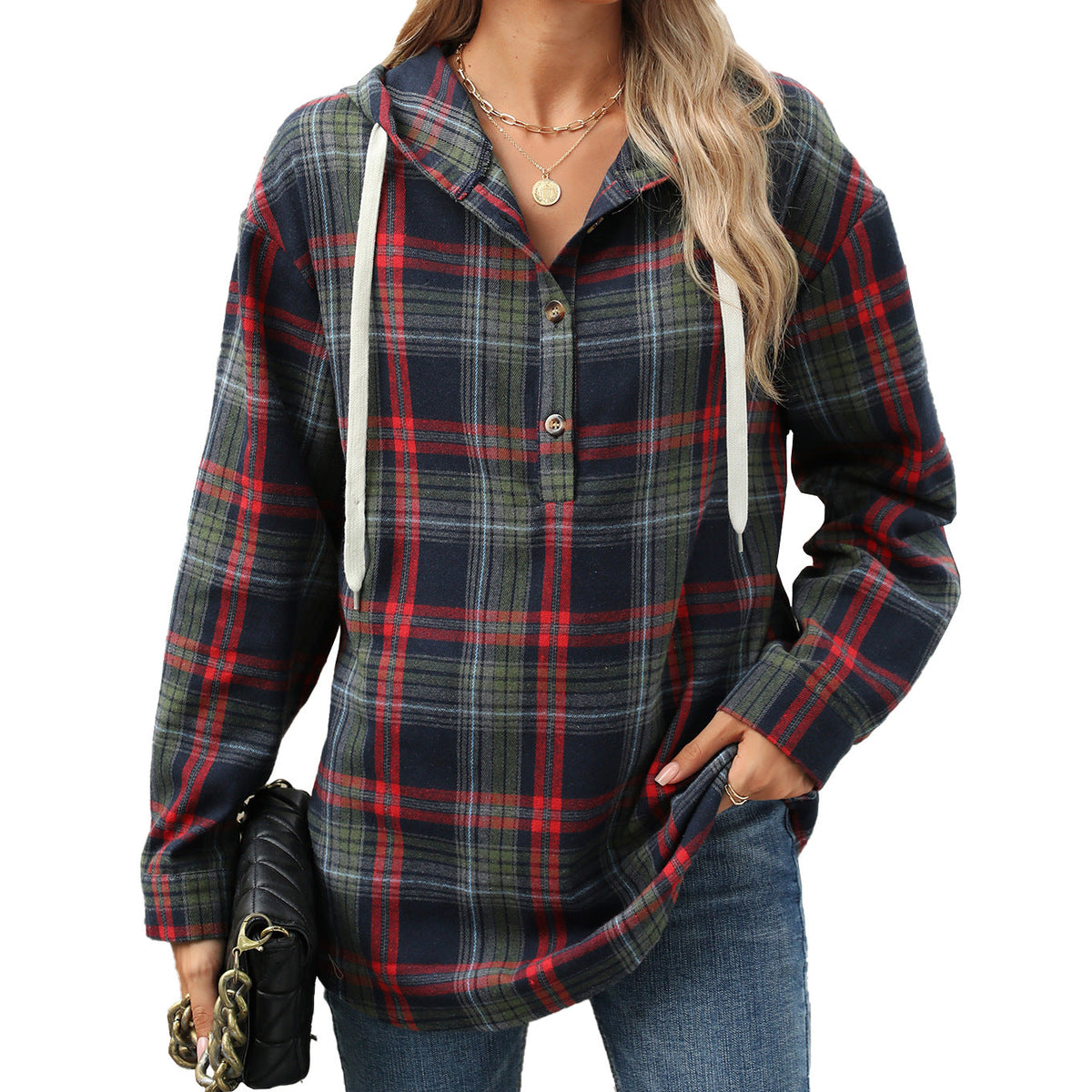 Button Placket Women's Hoodie in Relaxed Style - 8 - London-stylehouse.com