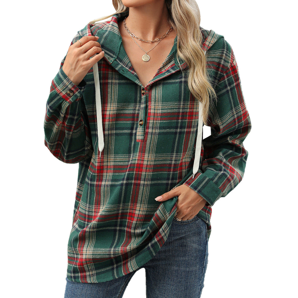 Button Placket Women's Hoodie in Relaxed Style - 9 - London-stylehouse.com
