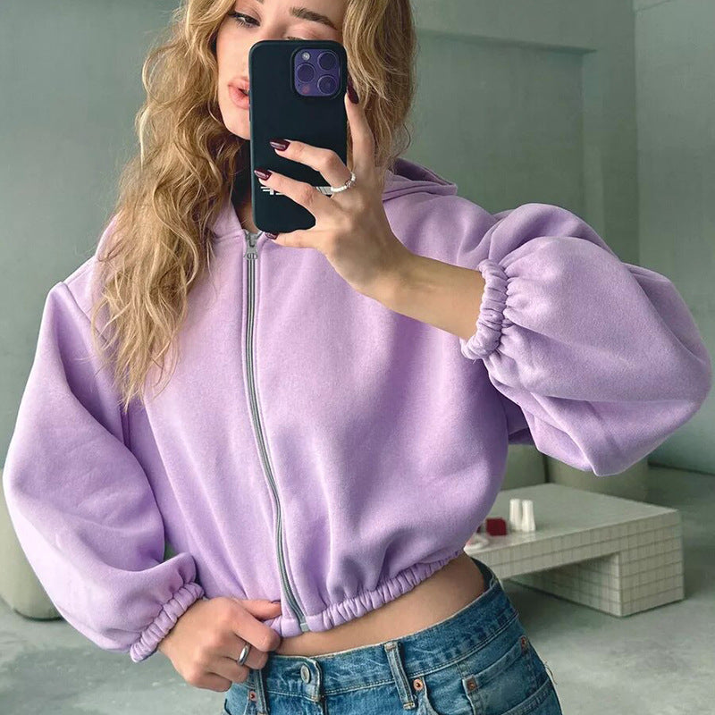 Women's Relaxed Fit Cropped Hooded Zip Jacket - 1 - London-stylehouse.com