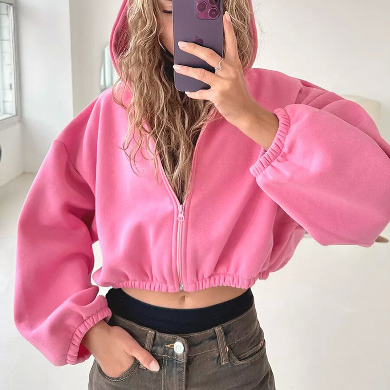 Women's Relaxed Fit Cropped Hooded Zip Jacket - 4 - London-stylehouse.com