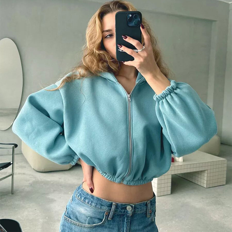 Women's Relaxed Fit Cropped Hooded Zip Jacket - 6 - London-stylehouse.com
