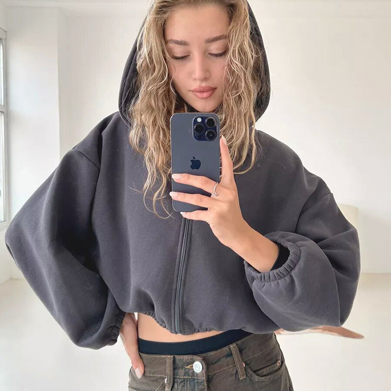 Women's Relaxed Fit Cropped Hooded Zip Jacket - 8 - London-stylehouse.com