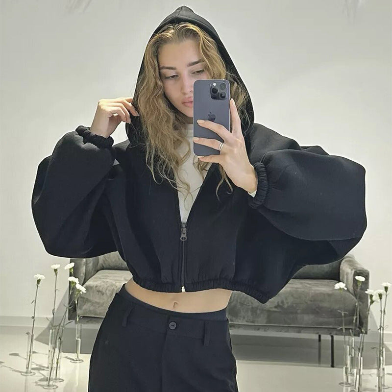 Women's Relaxed Fit Cropped Hooded Zip Jacket - 9 - London-stylehouse.com