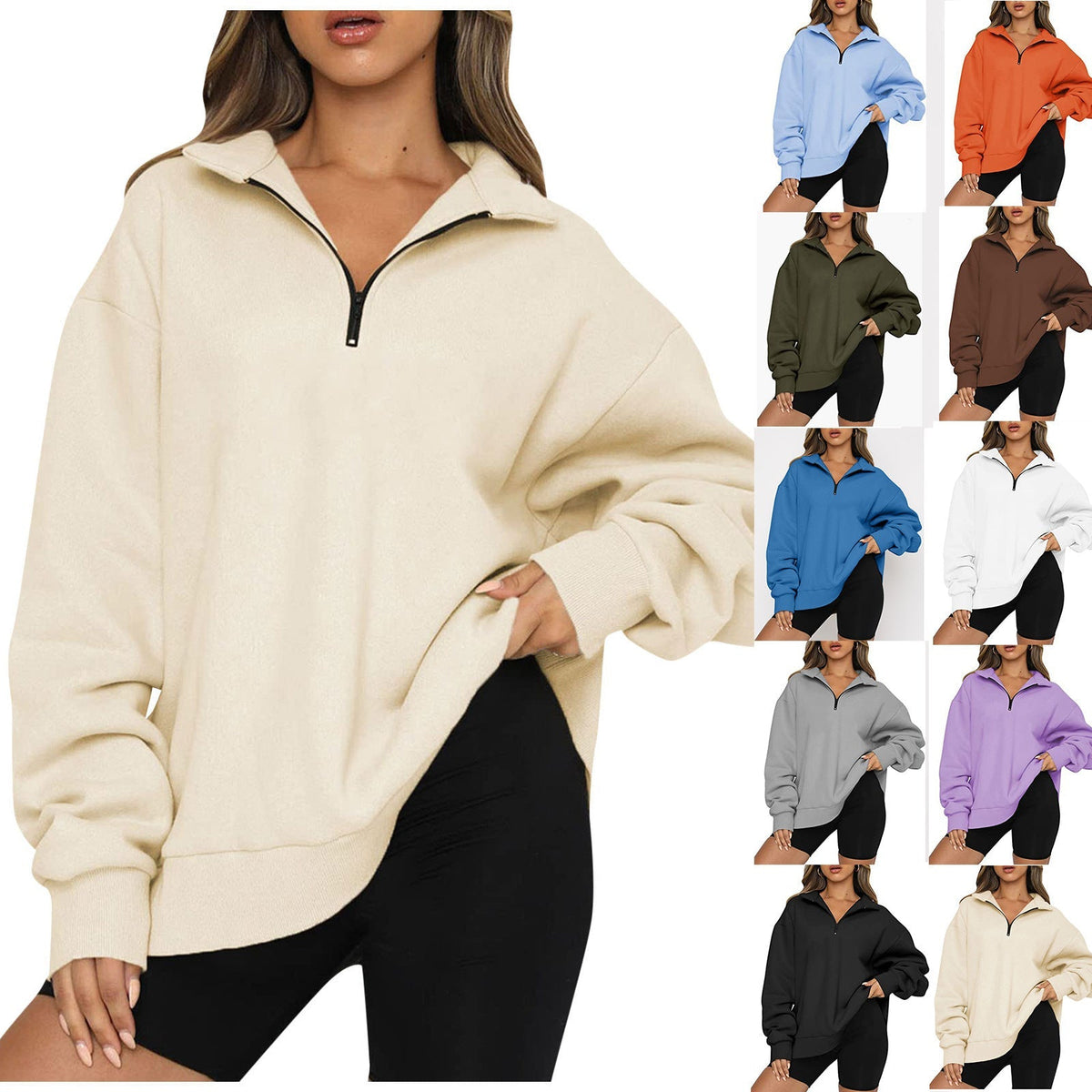 Half-Zip Collared Women's Relaxed Fit Sweatshirt - 2 - London-stylehouse.com