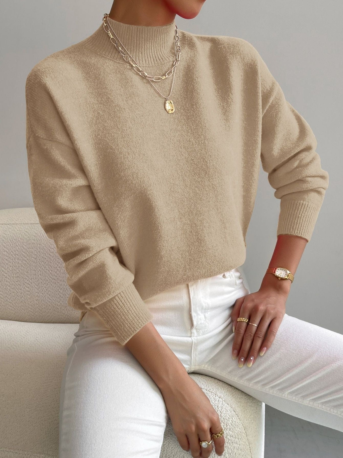Chic Women's Mid-High Collar Pullover Sweater in Relaxed Fit - 1 - London-stylehouse.com