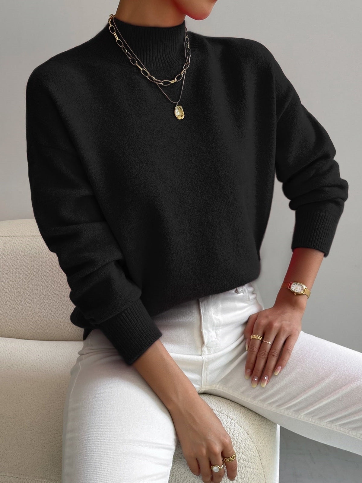 Chic Women's Mid-High Collar Pullover Sweater in Relaxed Fit - 2 - London-stylehouse.com