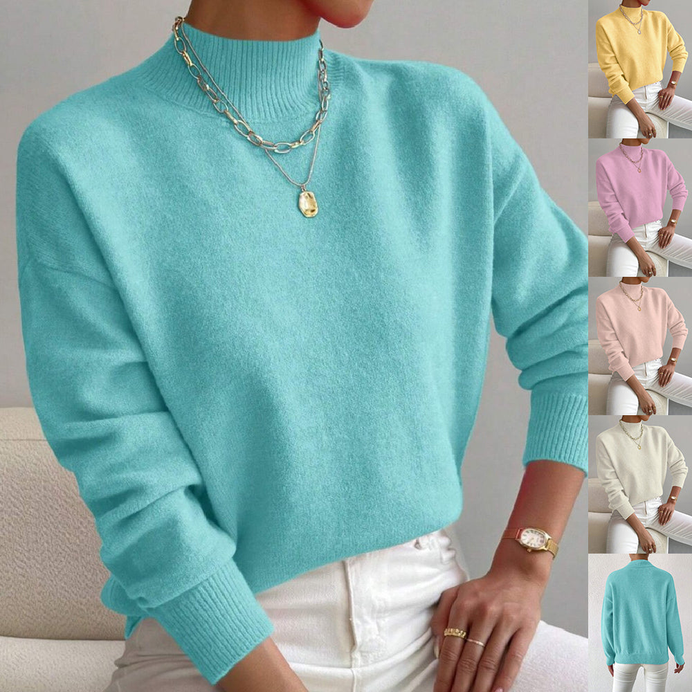 Chic Women's Mid-High Collar Pullover Sweater in Relaxed Fit - 3 - London-stylehouse.com