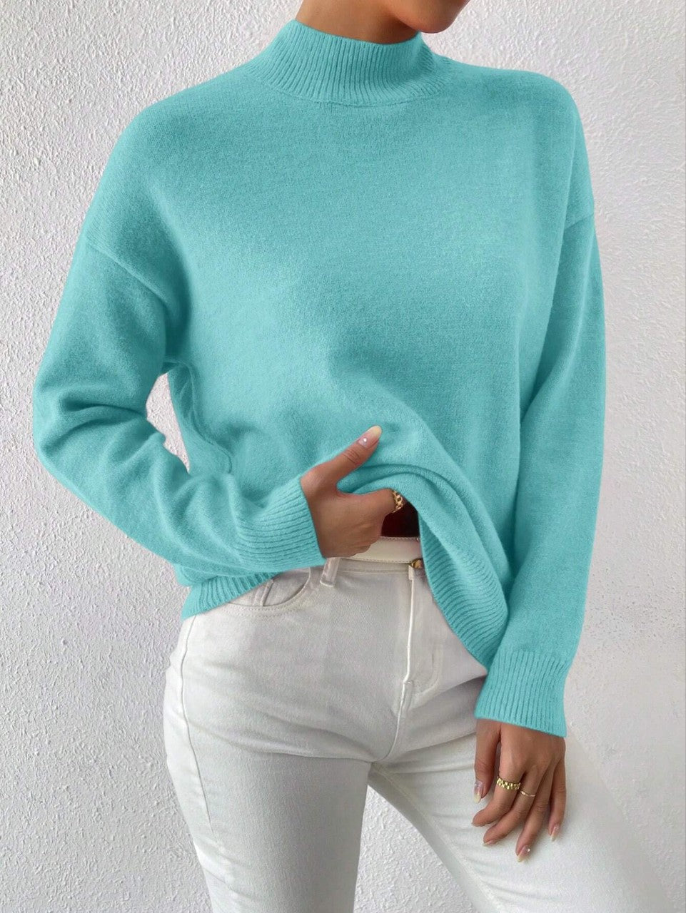 Chic Women's Mid-High Collar Pullover Sweater in Relaxed Fit - 8 - London-stylehouse.com