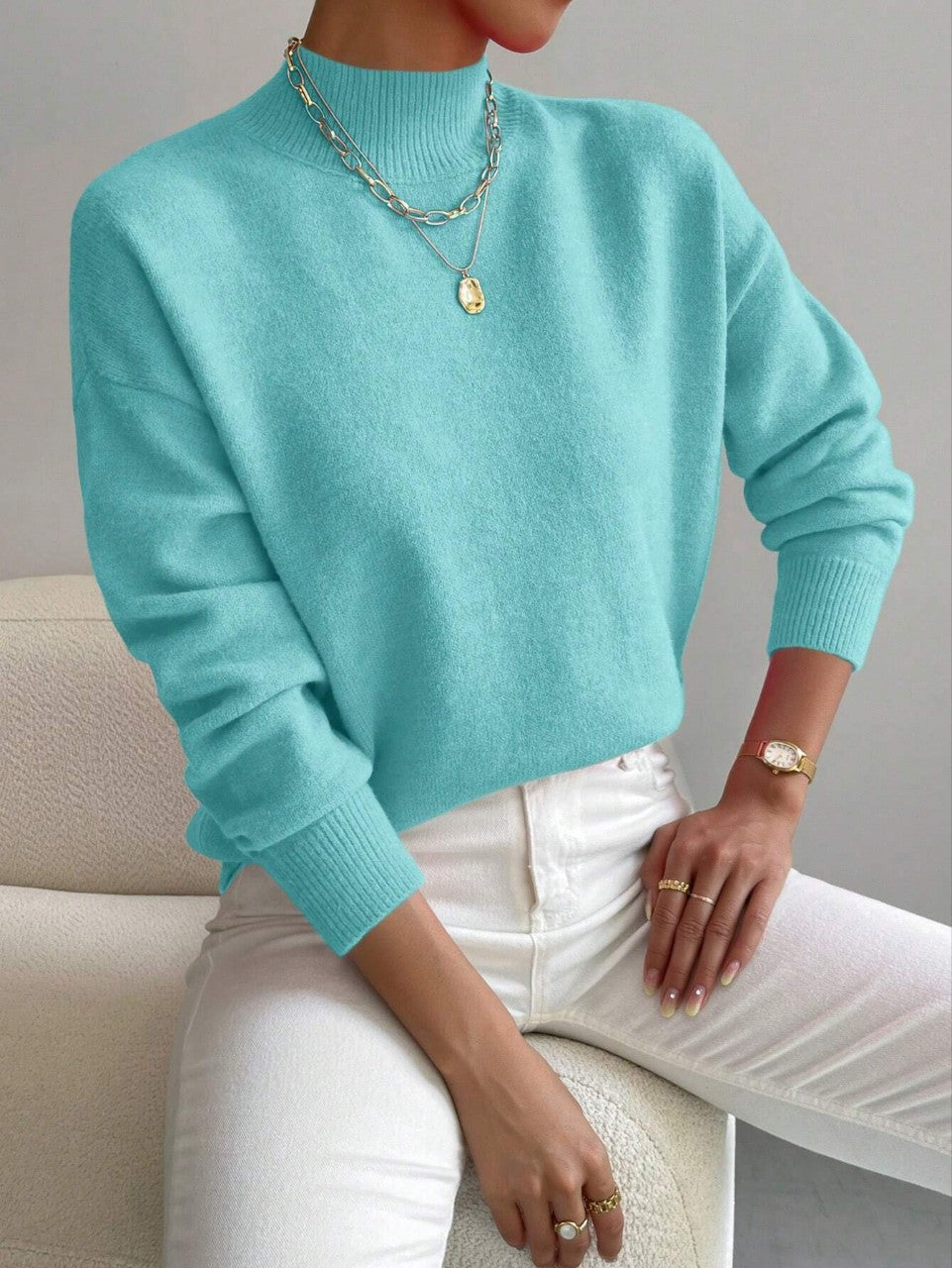 Chic Women's Mid-High Collar Pullover Sweater in Relaxed Fit - 9 - London-stylehouse.com