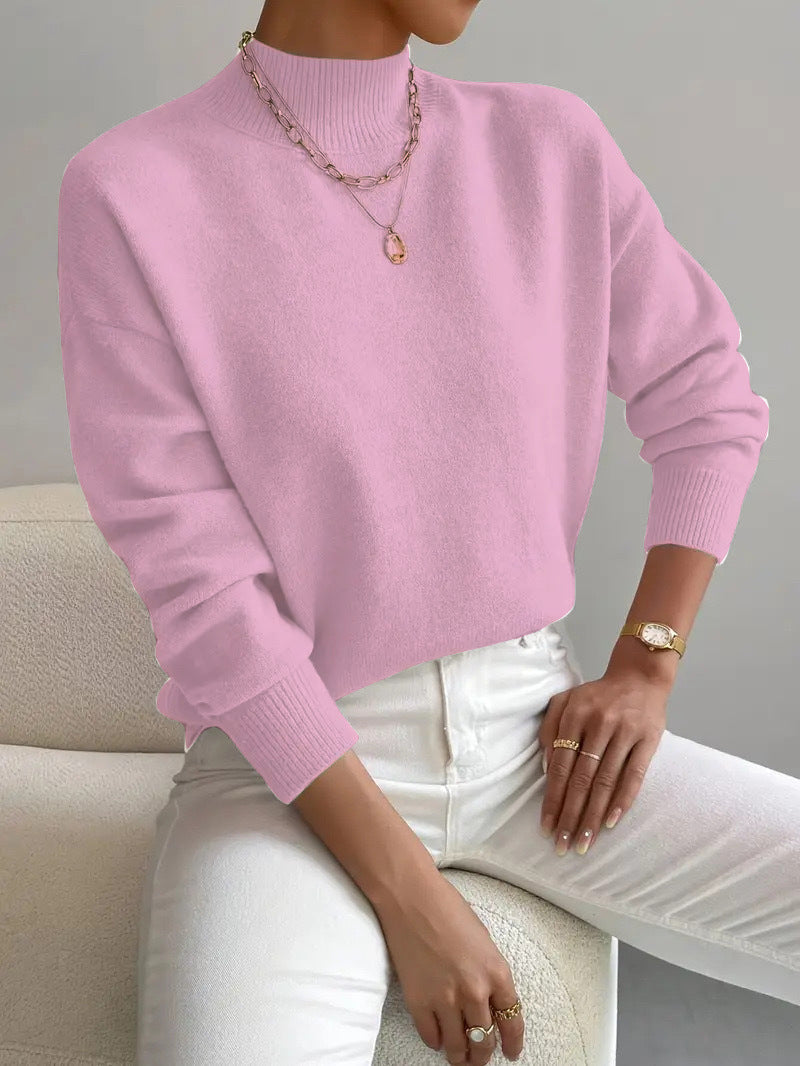 Chic Women's Mid-High Collar Pullover Sweater in Relaxed Fit - 10 - London-stylehouse.com