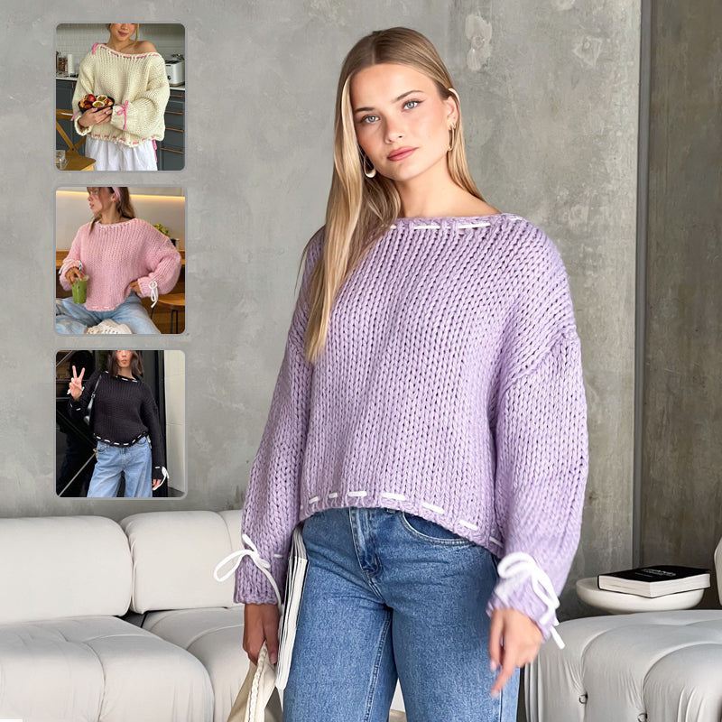 Chic Bow-Detail Loose Fit Pullover Sweater for Women - 1 - London-stylehouse.com