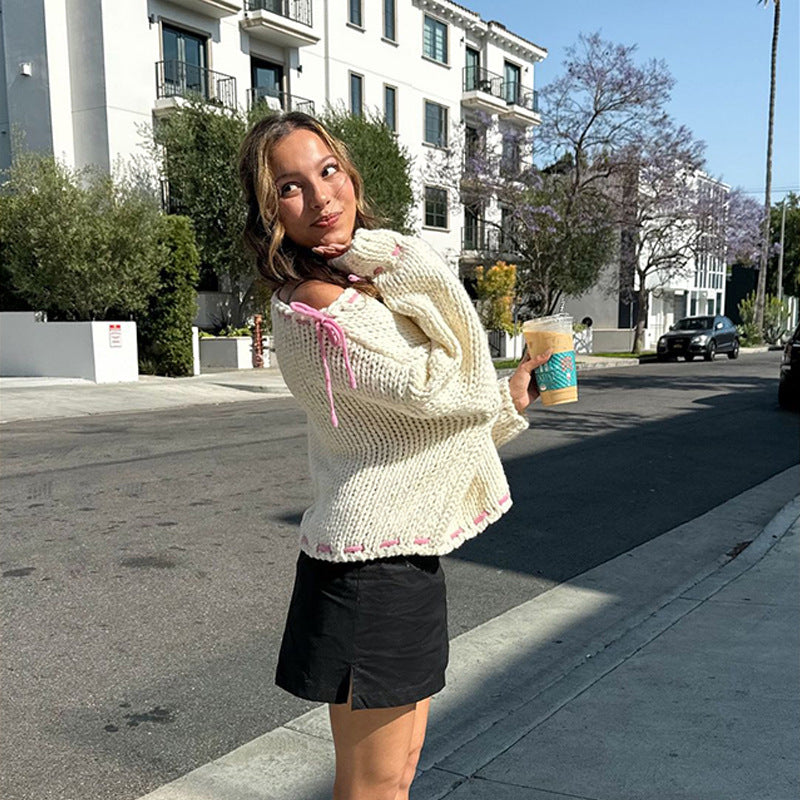 Chic Bow-Detail Loose Fit Pullover Sweater for Women - 8 - London-stylehouse.com