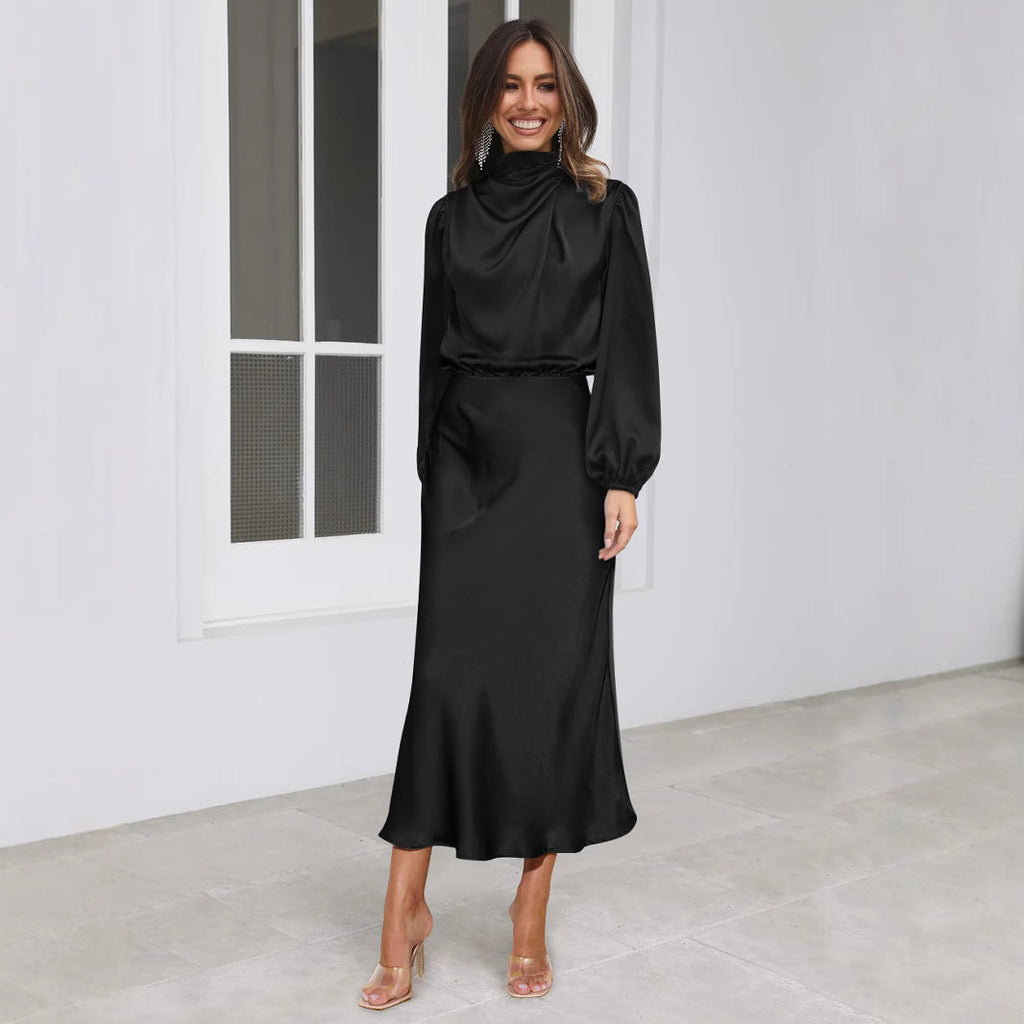 Sophisticated Midi Dress for Women with Elevated Collar and Extended Sleeves - 1 - London-stylehouse.com