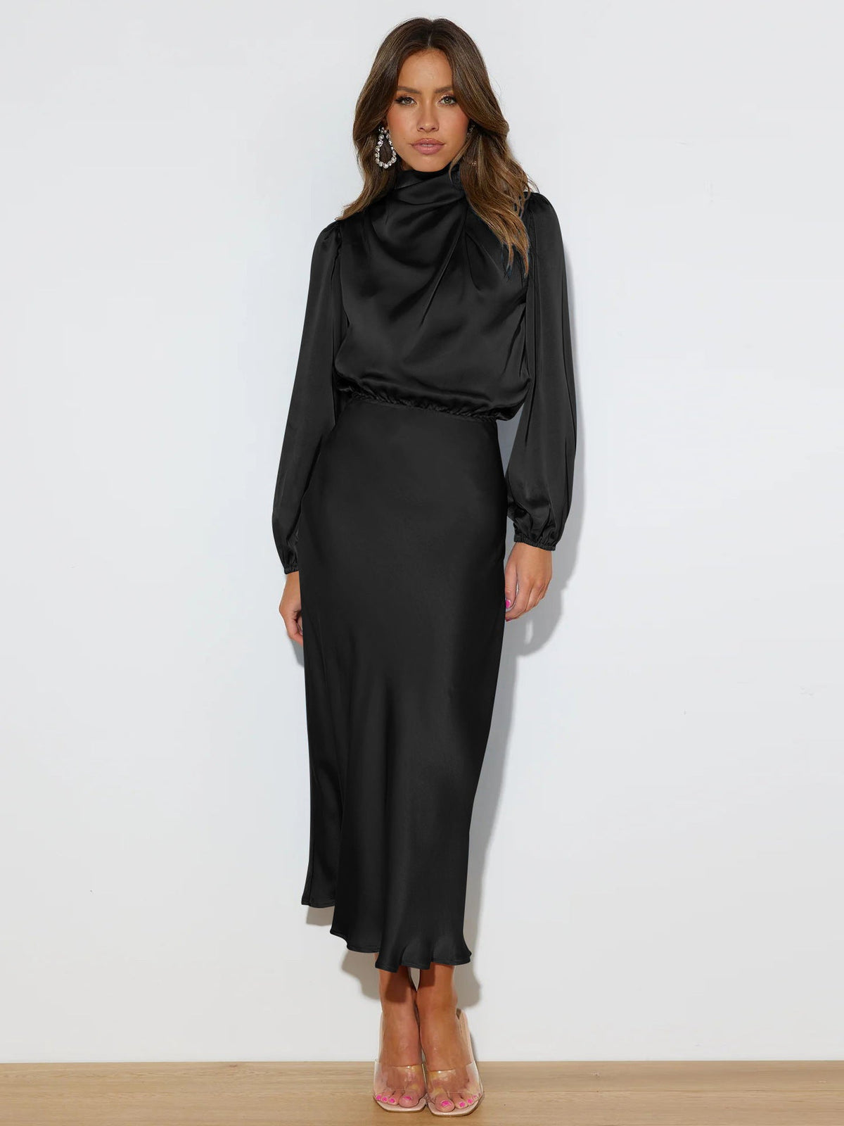 Sophisticated Midi Dress for Women with Elevated Collar and Extended Sleeves - 2 - London-stylehouse.com