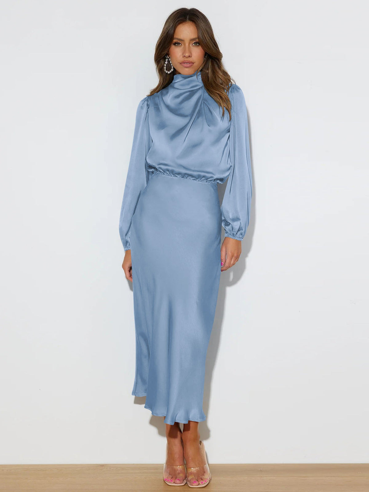 Sophisticated Midi Dress for Women with Elevated Collar and Extended Sleeves - 3 - London-stylehouse.com