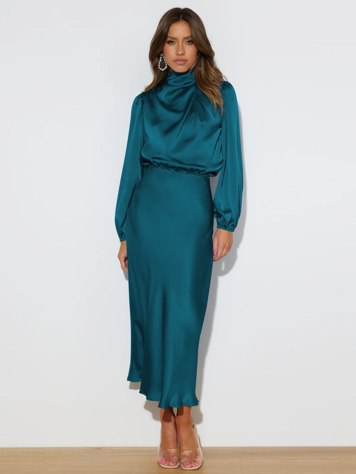 Sophisticated Midi Dress for Women with Elevated Collar and Extended Sleeves - 4 - London-stylehouse.com