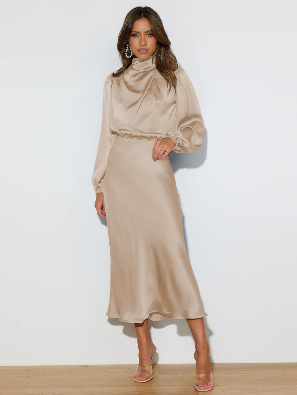Sophisticated Midi Dress for Women with Elevated Collar and Extended Sleeves - 7 - London-stylehouse.com