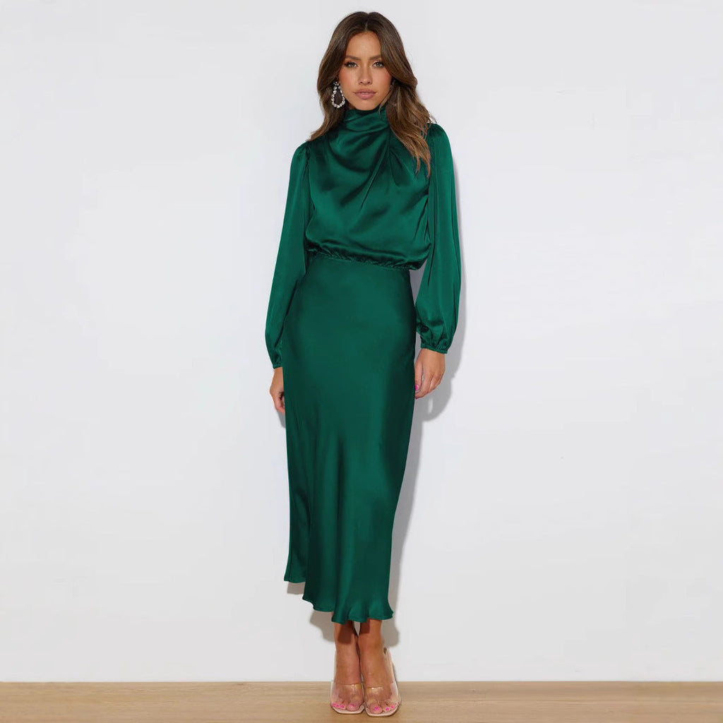 Sophisticated Midi Dress for Women with Elevated Collar and Extended Sleeves - 8 - London-stylehouse.com