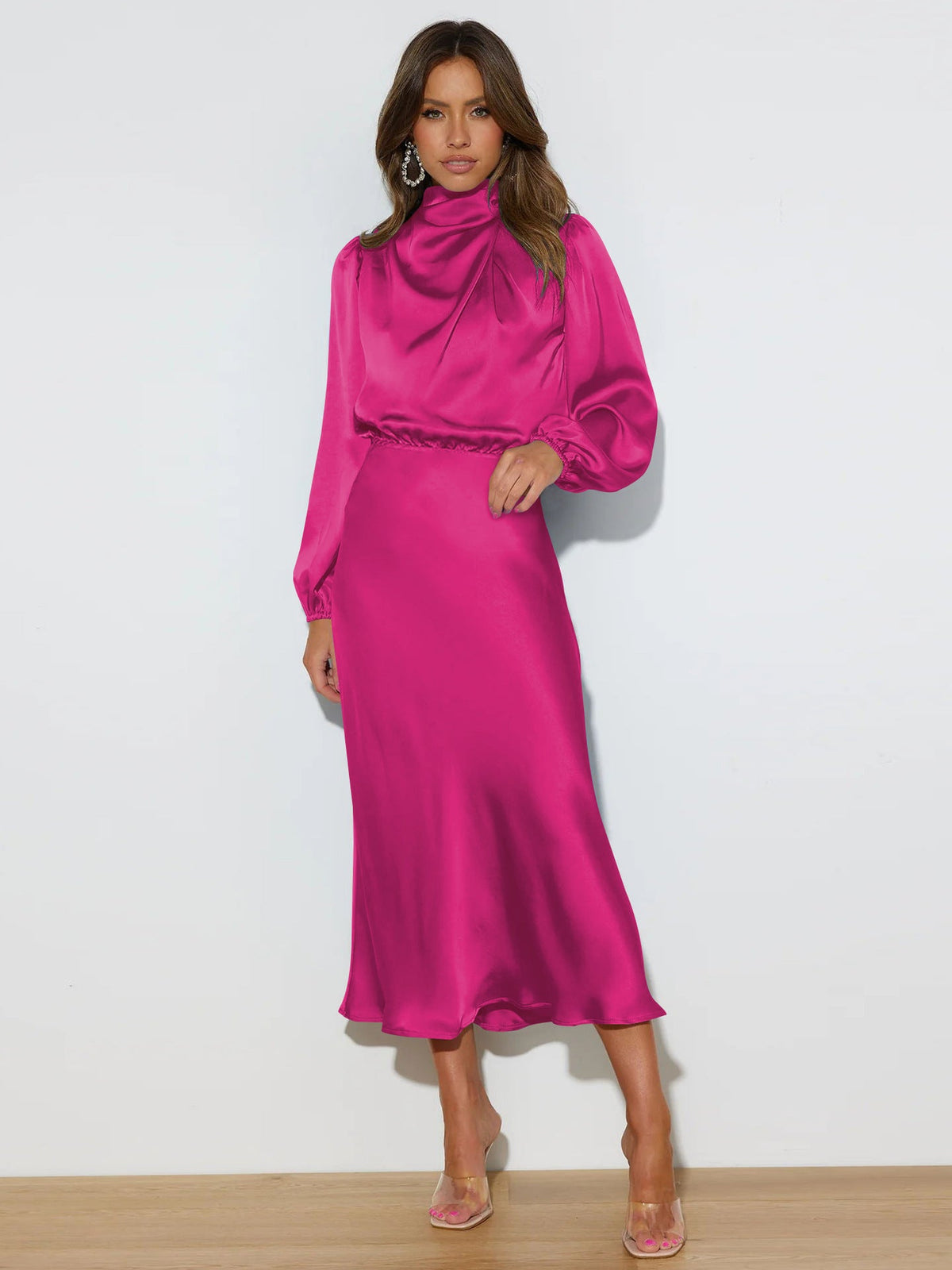 Sophisticated Midi Dress for Women with Elevated Collar and Extended Sleeves - 10 - London-stylehouse.com