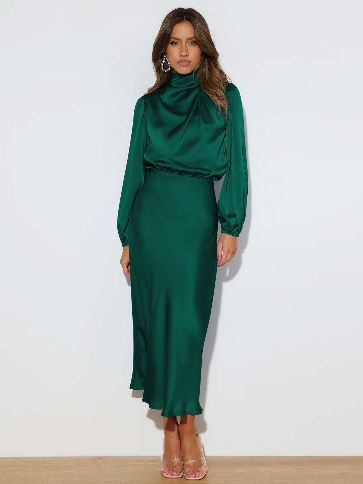 Sophisticated Midi Dress for Women with Elevated Collar and Extended Sleeves - 11 - London-stylehouse.com