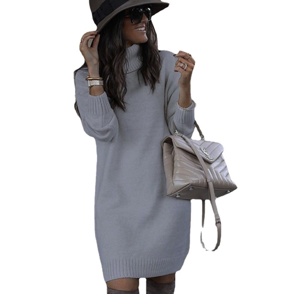 Women's Loose-Fitting Sweater Dress with Elegant Roll Neck - 1 - London-stylehouse.com