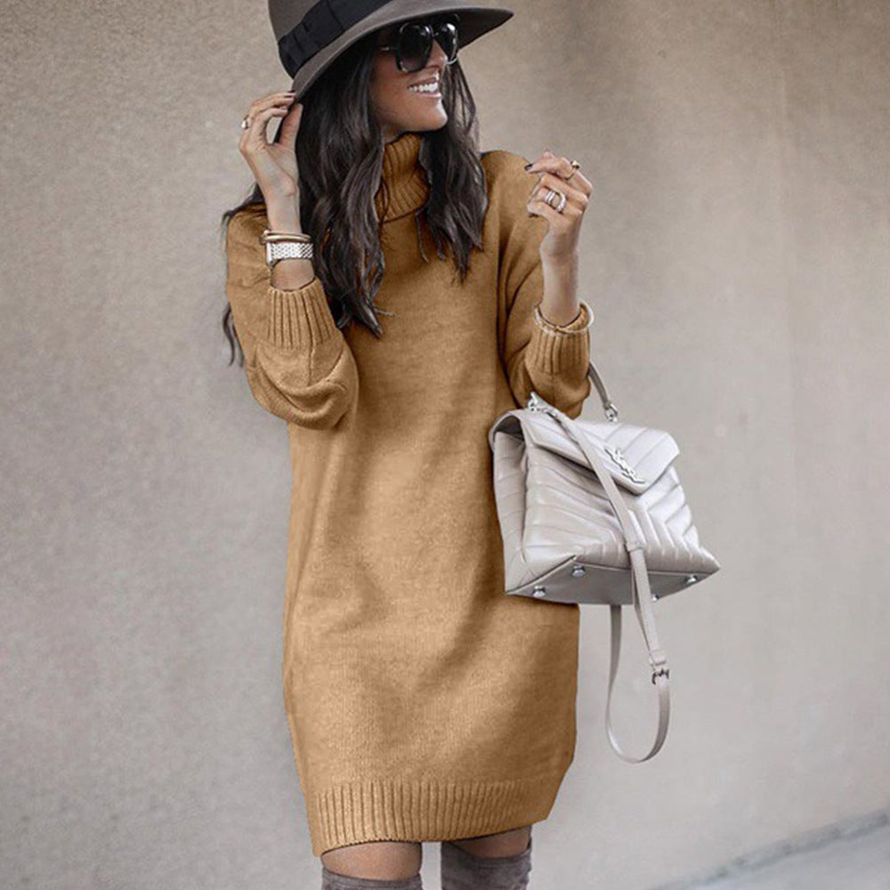Women's Loose-Fitting Sweater Dress with Elegant Roll Neck - 3 - London-stylehouse.com