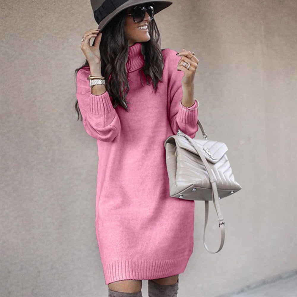 Women's Loose-Fitting Sweater Dress with Elegant Roll Neck - 4 - London-stylehouse.com