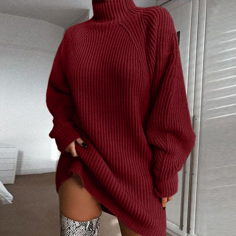 Women's Relaxed Fit Sweater Dress with Stylish High Collar - 1 - London-stylehouse.com