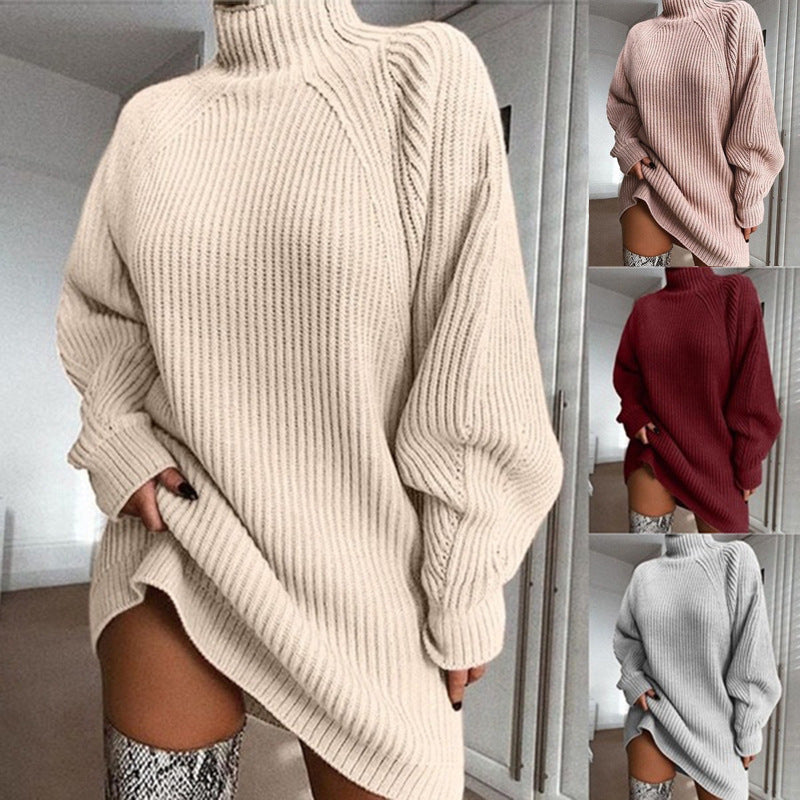 Women's Relaxed Fit Sweater Dress with Stylish High Collar - 3 - London-stylehouse.com