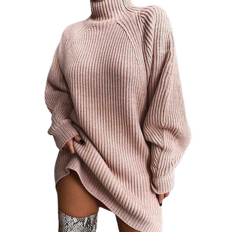 Women's Relaxed Fit Sweater Dress with Stylish High Collar - 6 - London-stylehouse.com