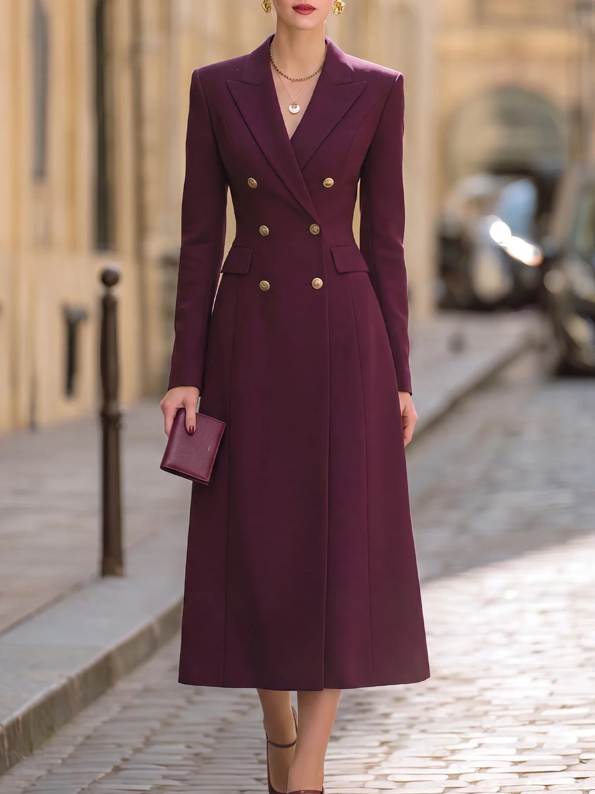 Sophisticated Women's Suit Dress with Long Sleeves and Double Buttons - 8 - London-stylehouse.com