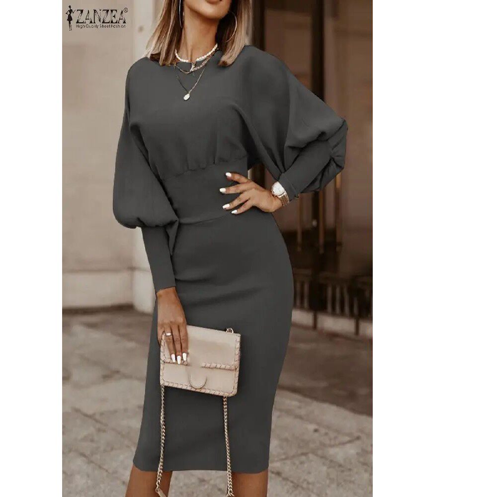 Elegant Women's Bodycon Midi Dress Featuring Puff Sleeves - 2 - London-stylehouse.com