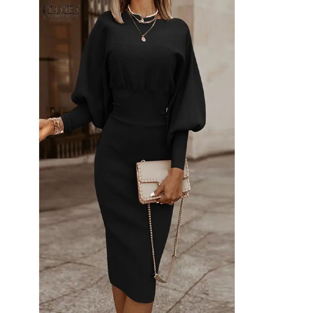 Elegant Women's Bodycon Midi Dress Featuring Puff Sleeves - 4 - London-stylehouse.com