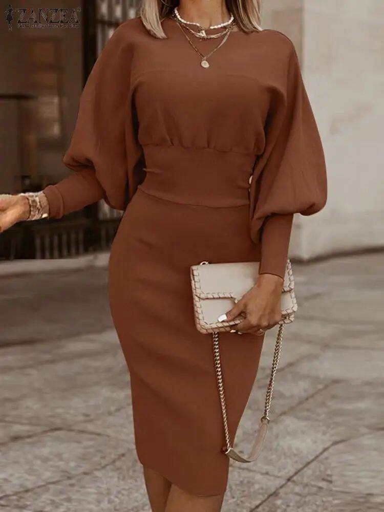 Elegant Women's Bodycon Midi Dress Featuring Puff Sleeves - 5 - London-stylehouse.com