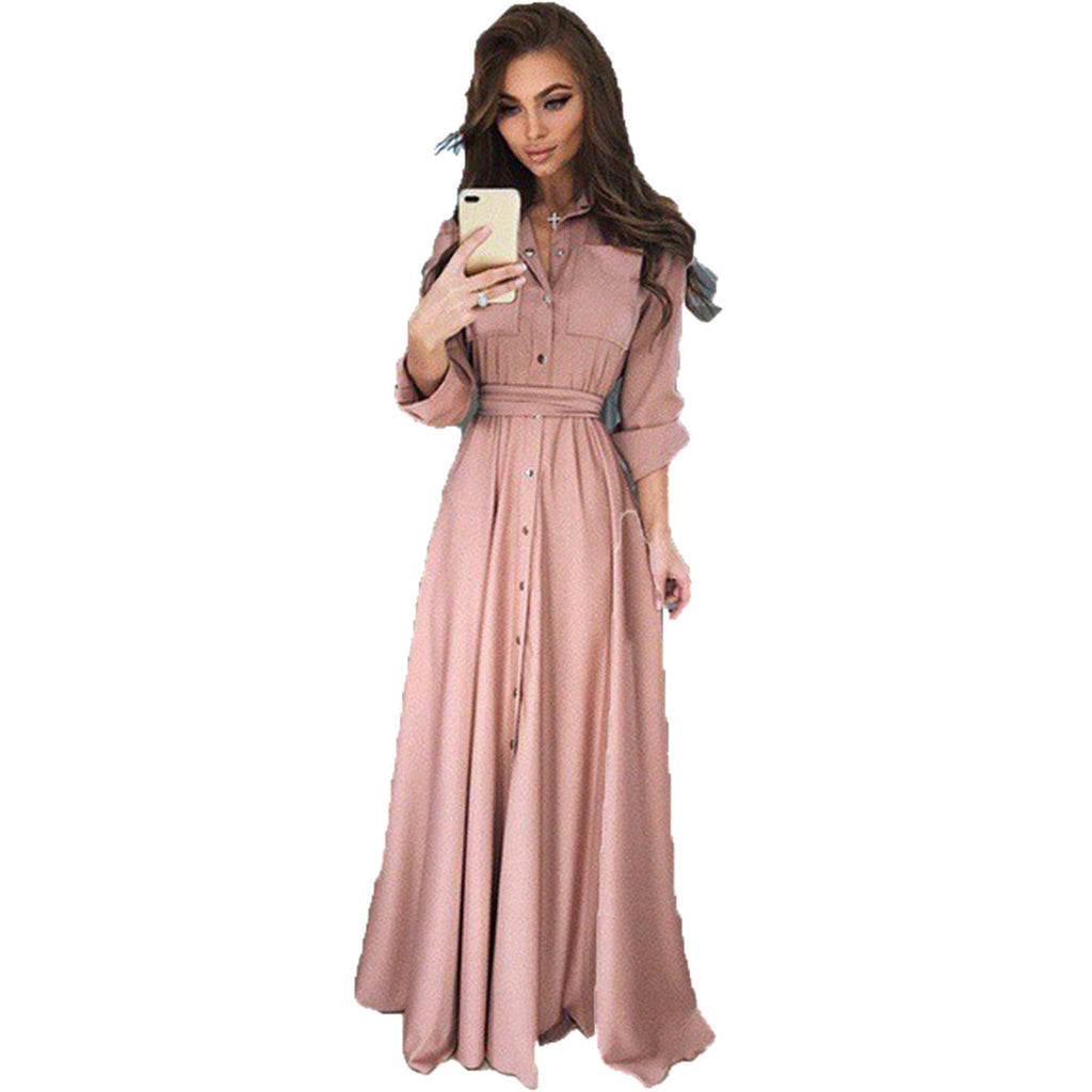 Chic Women's Maxi Shirt Dress with Belted Waist - 1 - London-stylehouse.com