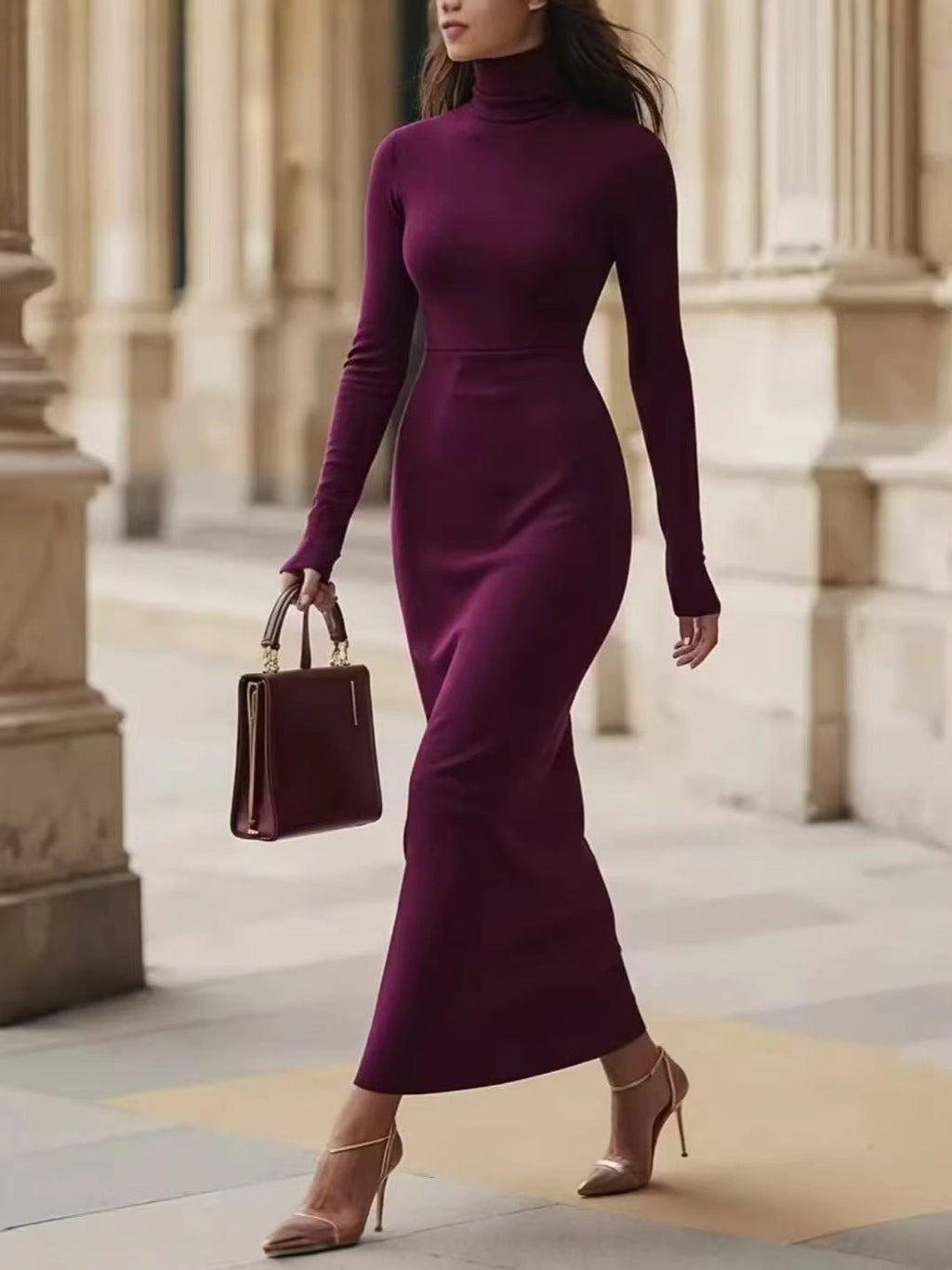 Sophisticated Women's Dress with Long Sleeves and Roll Neck - 2 - London-stylehouse.com