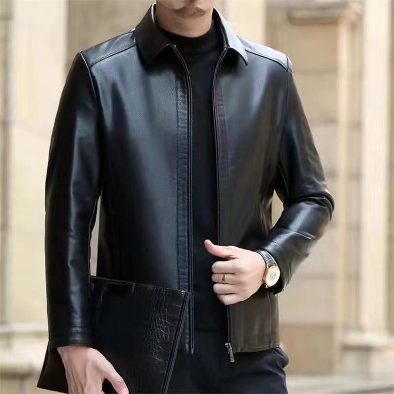 Men's Relaxed Fit Leather Jacket with Elegant Stand Collar - 1 - London-stylehouse.com