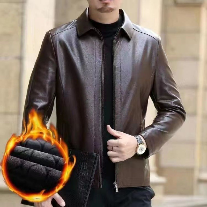 Men's Relaxed Fit Leather Jacket with Elegant Stand Collar - 2 - London-stylehouse.com