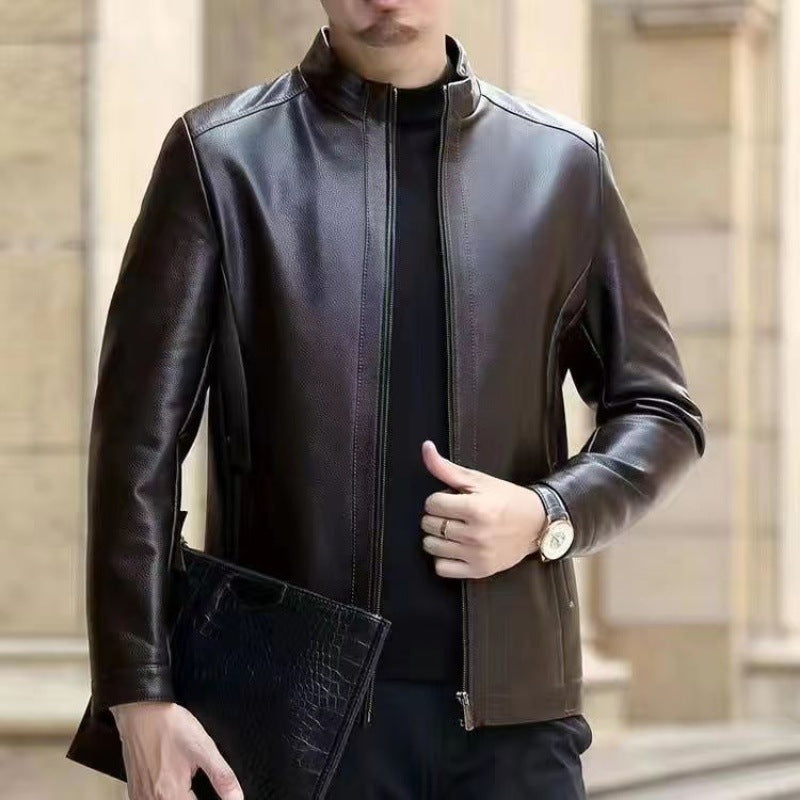 Men's Relaxed Fit Leather Jacket with Elegant Stand Collar - 3 - London-stylehouse.com