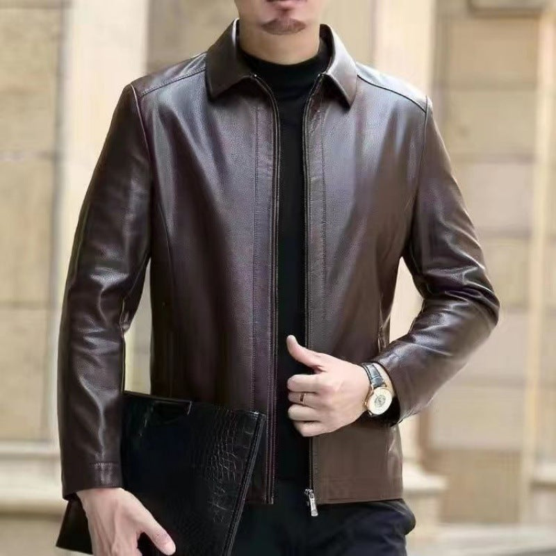 Men's Relaxed Fit Leather Jacket with Elegant Stand Collar - 5 - London-stylehouse.com