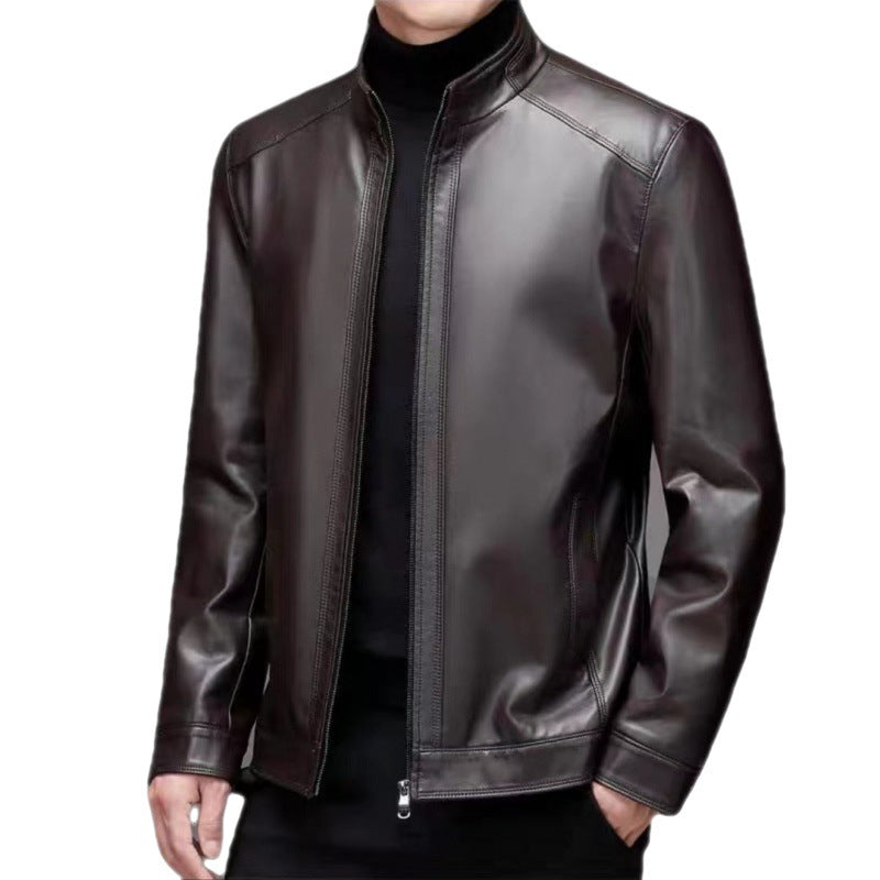 Men's Relaxed Fit Leather Jacket with Elegant Stand Collar - 7 - London-stylehouse.com