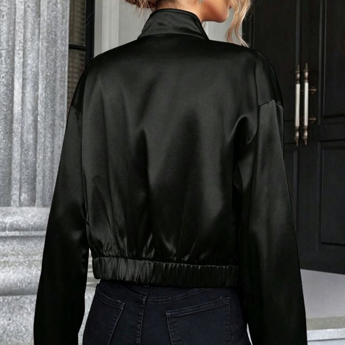 Ladies Shiny Bomber Jacket with High Neck and Zip Fastening - 4 - London-stylehouse.com